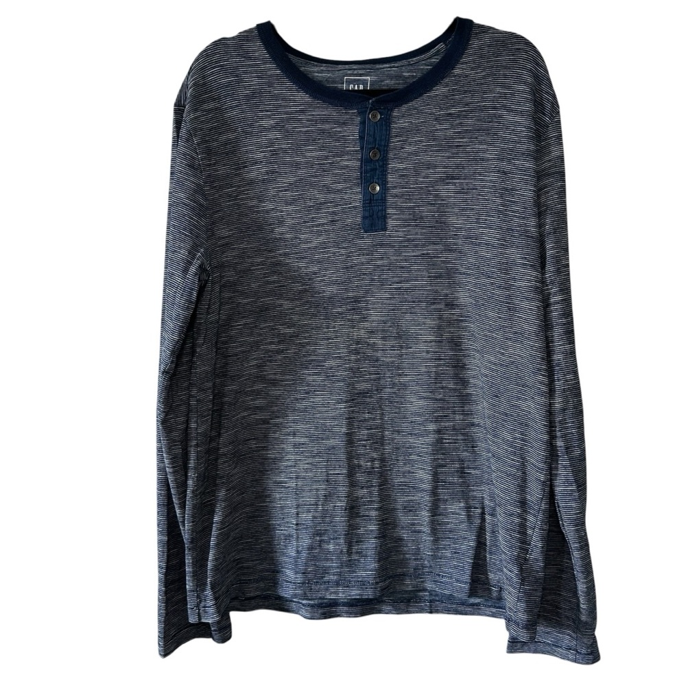GAP Men's Heathered Navy Long Sleeve Henley Knit Casual 100% Cotton Shirt- Large